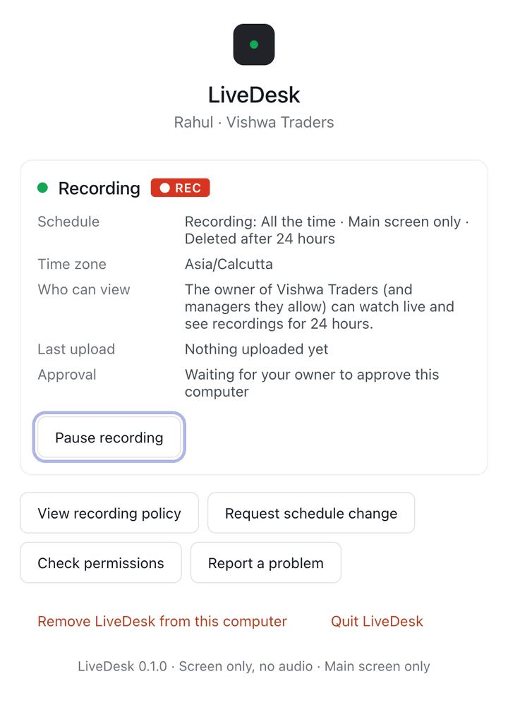 LiveDesk on an employee's computer: Recording with a REC badge, schedule, who can view, and a Pause recording button