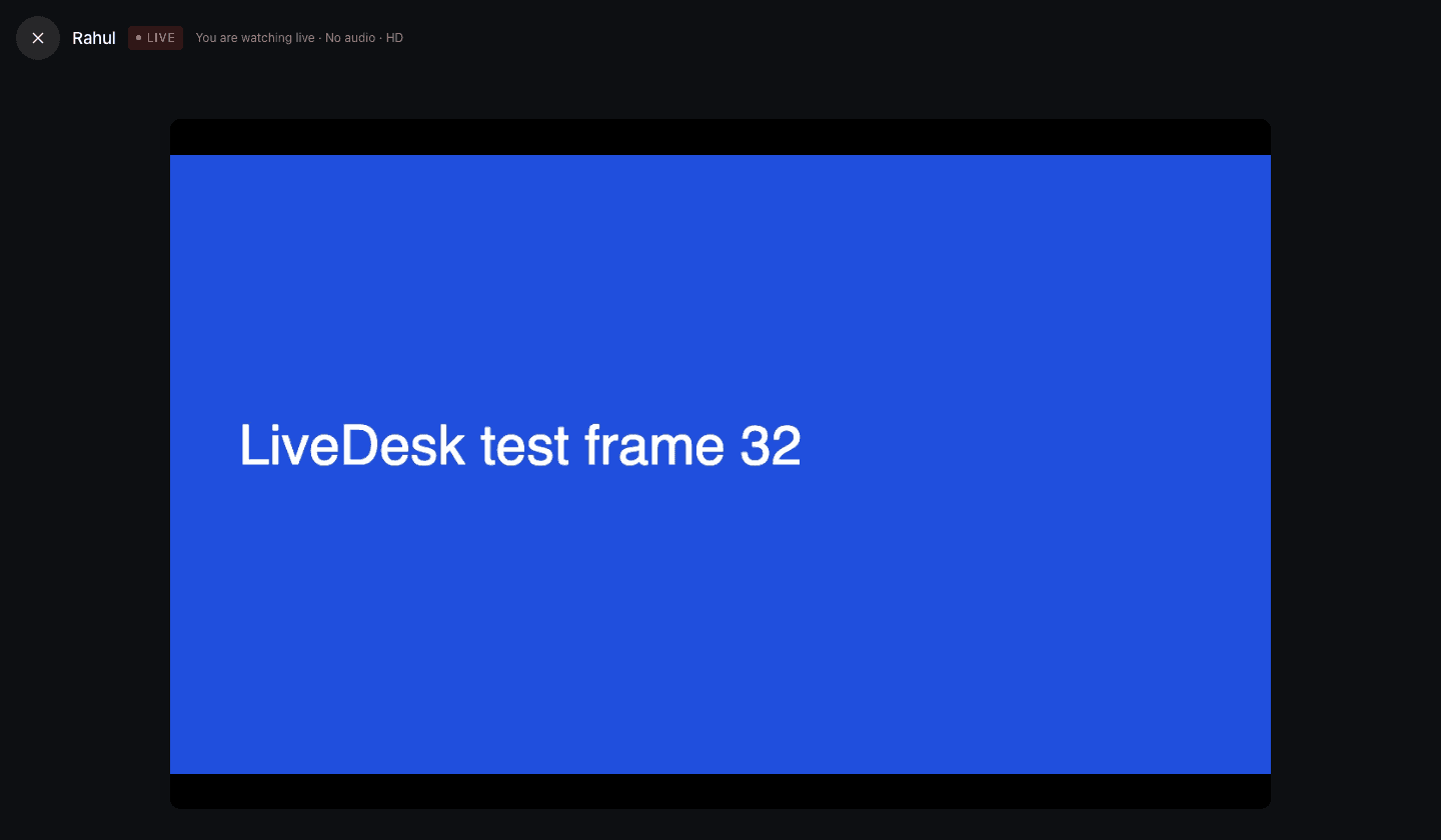 Watching Rahul live: LIVE badge, 'You are watching live · No audio', showing an automated test screen
